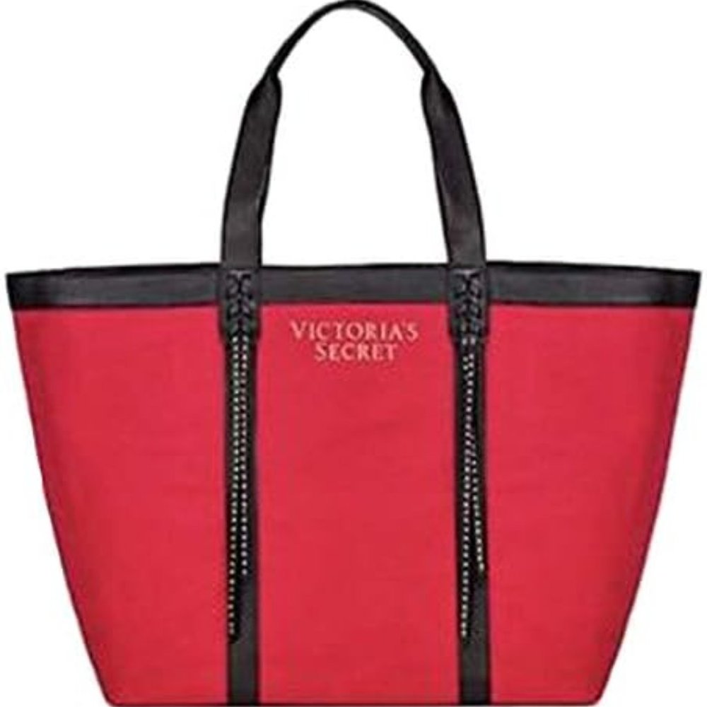 Victoria's Secret Logo Large Red Canvas Studded Tassels Weeken Shoulder Bag Tote - Picture 2 of 5